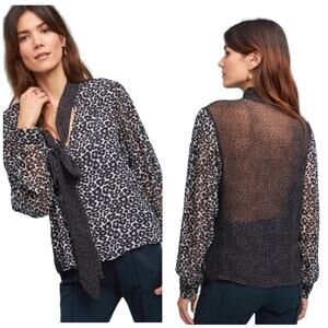 Anthropologie Conditions Apply Blouse Sheer Bow Tie Neck Leopard Top Medium